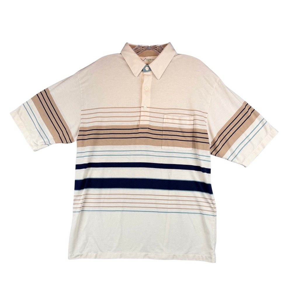 Vintage Palmland Club Mens Large Polo Shirt Beige Blue Striped Short Sleeve